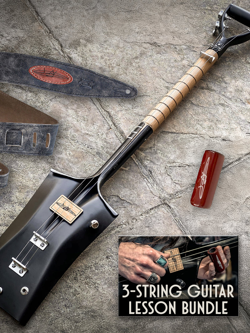 DELUXE "Crankin' It Up Bundle" - 3-String Shovel Guitar, Guitar Strap, Guitar Slide, + Lesson Bundle